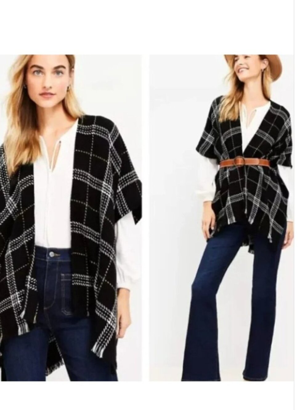 LOFT Black Plaid Open-Front Poncho with Fringe
